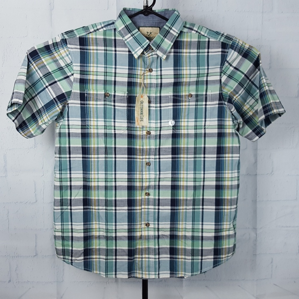 NWT Outdoor Life Mens L Blue Green Plaid Shirt
